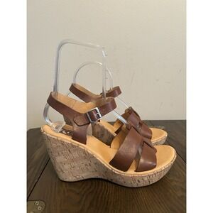 Korks by Kork-Ease Della Saddle Brown Leather Platform Wedge Sandals 9 EU 40.5